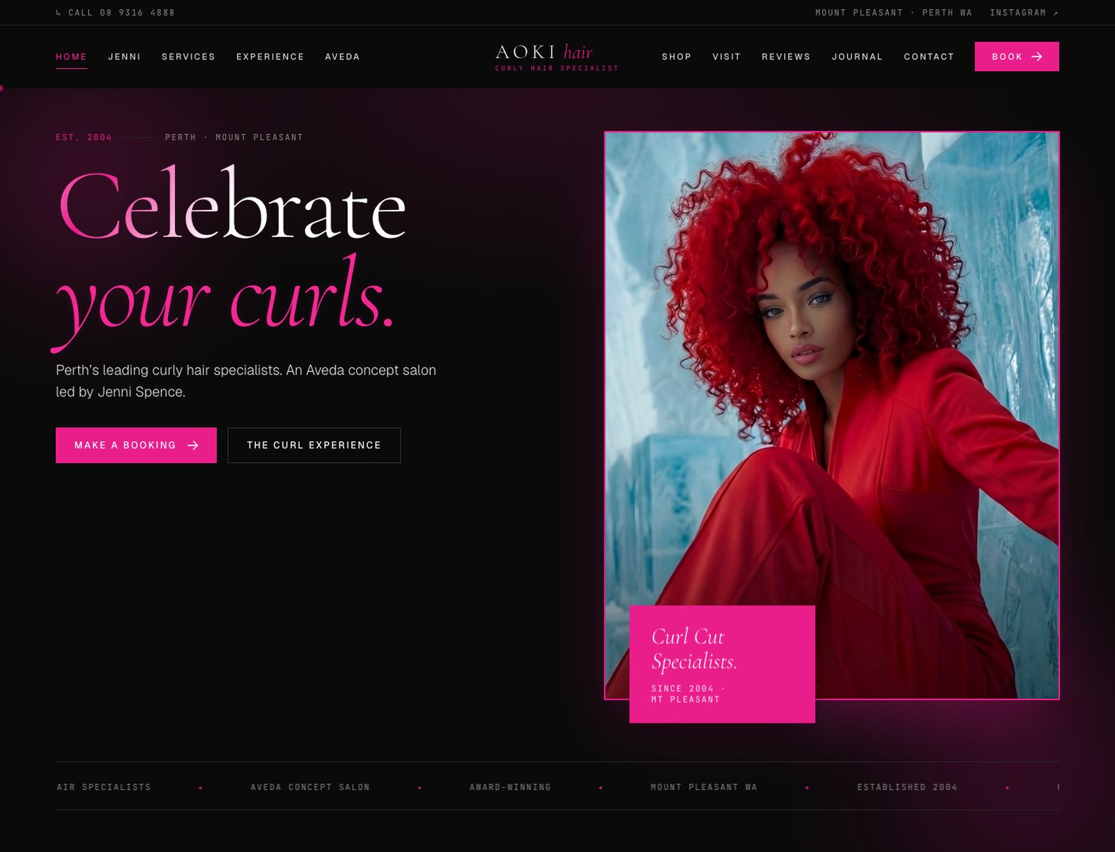 The new Aoki Hair homepage OTW built: a dark editorial hero reading Celebrate your curls, with a clear booking path.