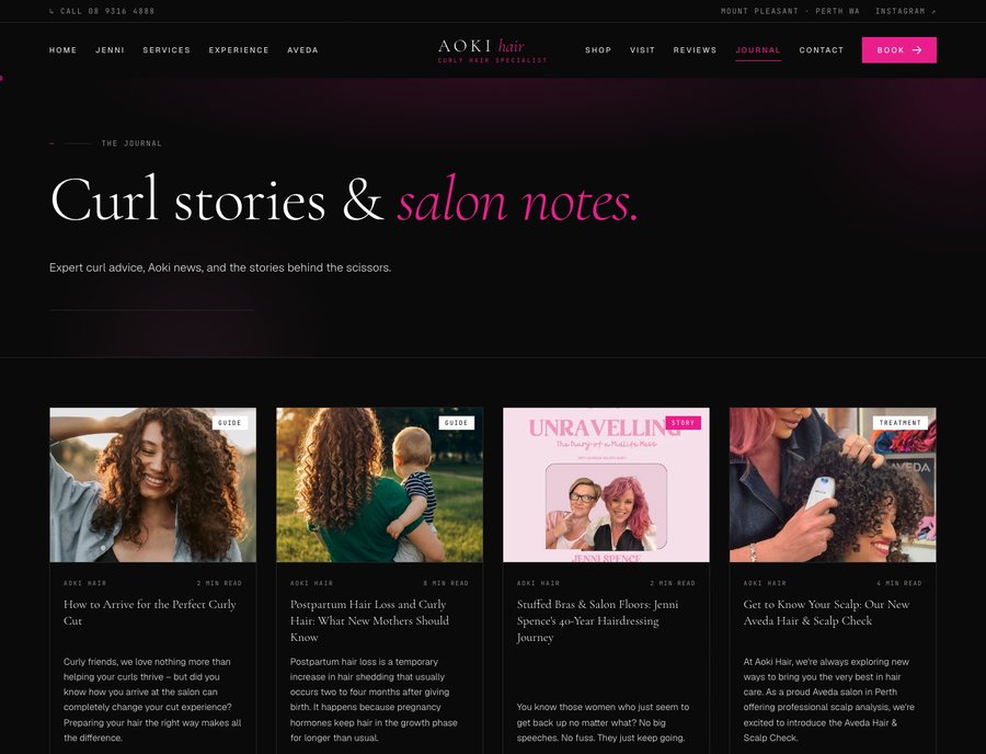The Aoki Hair journal OTW built, curl-care articles in the salon's own voice.