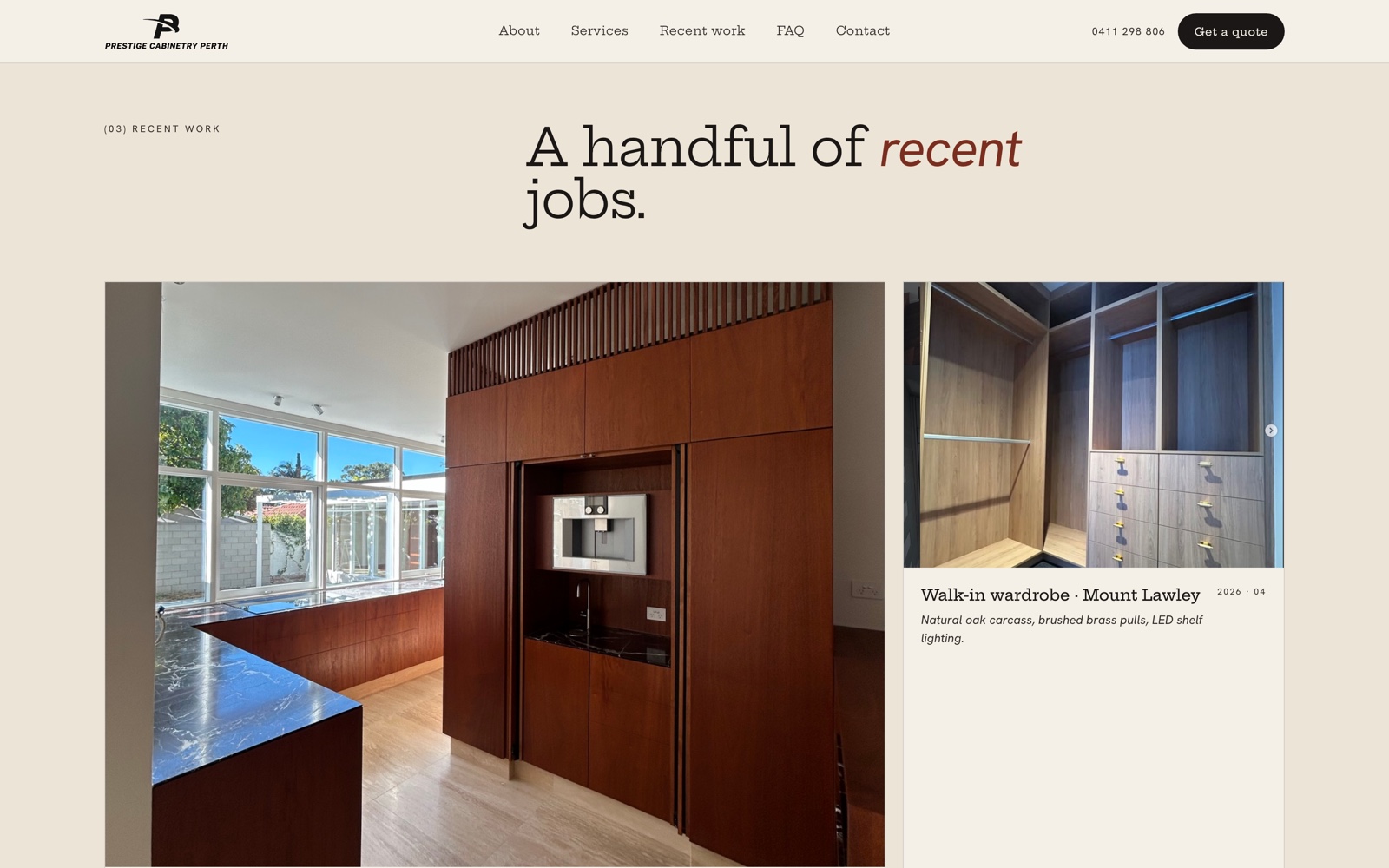 The Recent Work section of the Prestige Cabinetry website, showing project photography in an editorial layout.