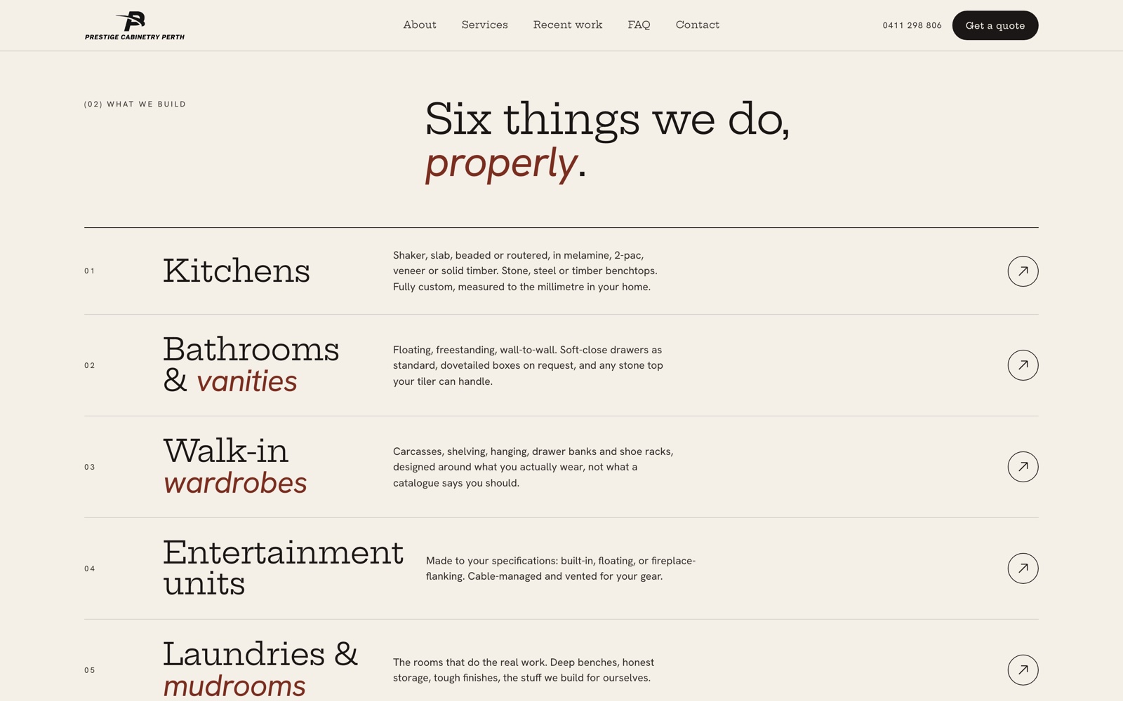 The What We Build section of the Prestige Cabinetry website, listing kitchens, bathrooms, wardrobes and more.