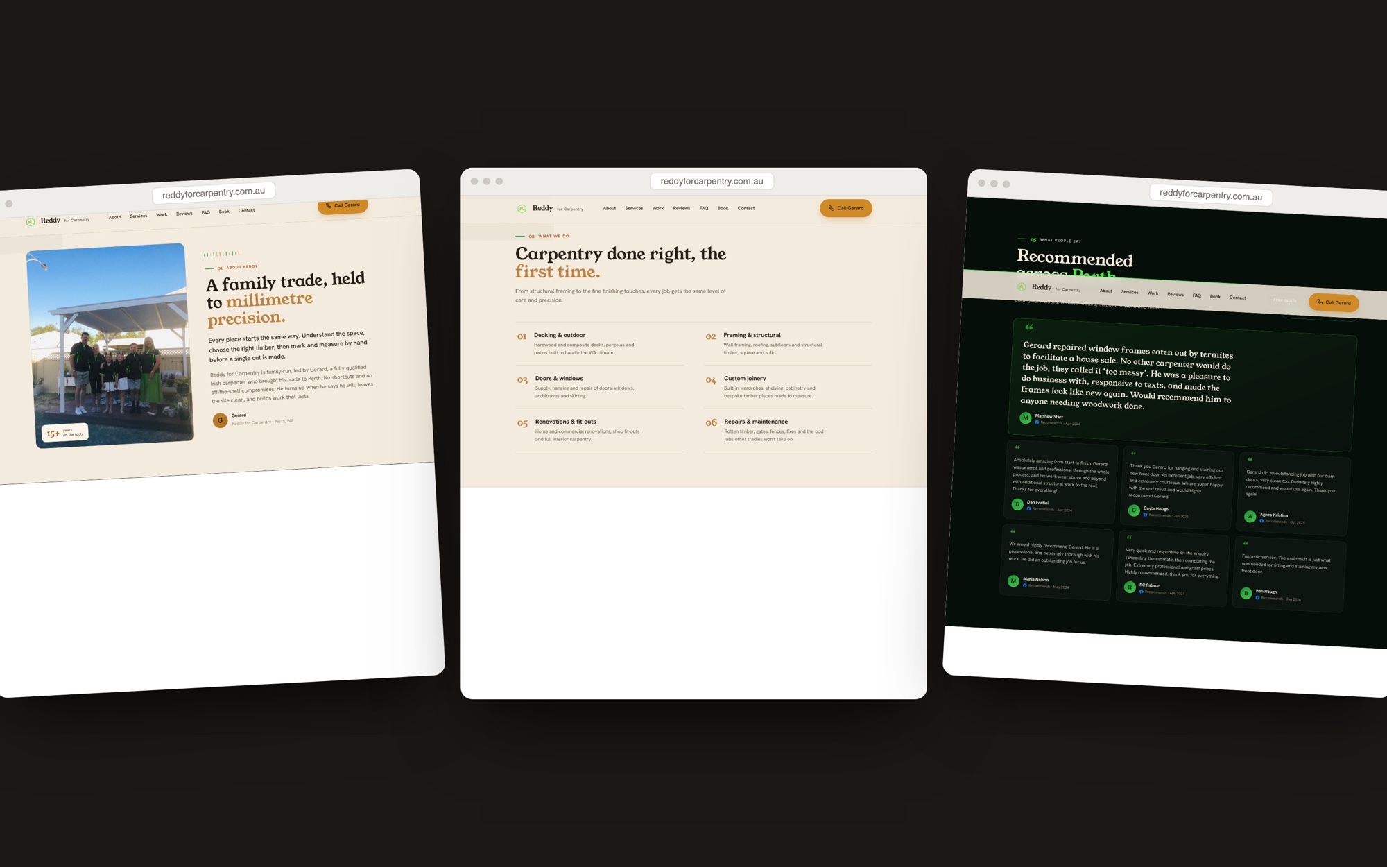 Three sections of the Reddy for Carpentry website shown side by side: the family-trade story, the services grid, and the five-star customer reviews.